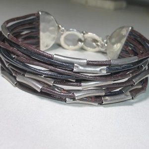 Silpada B2183 Black Leather Tubes Sterling Silver Bracelet .925